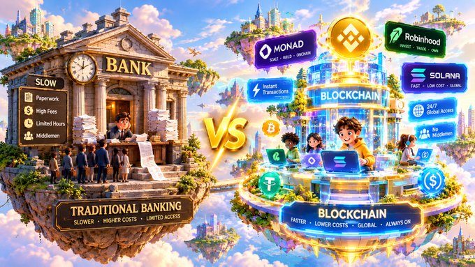 A vibrant illustrated infographic comparing Traditional Banking (slower, higher costs, limited access) versus Blockchain (faster, lower costs, global, always on), showing cryptocurrency logos including MONAD, Binance, Robinhood, and Solana.