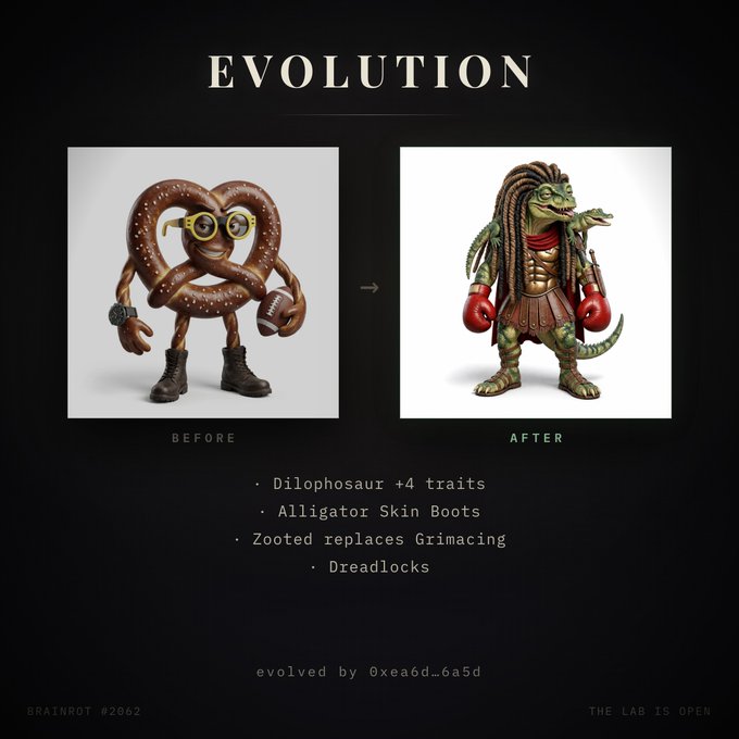 A 'EVOLUTION' comparison graphic showing a 'Before' image of a pretzel-like creature holding a football and 'After' image of a dinosaur character with dreadlocks and red boxing gloves, with traits listed including 'Dilophosaur +4 traits,' 'Alligator Skin Boots,' 'Zooted replaces Grimacing,' and 'Dreadlocks,' labeled as 'BRAINROT #2062' evolved by 0xea6d...6a5d.