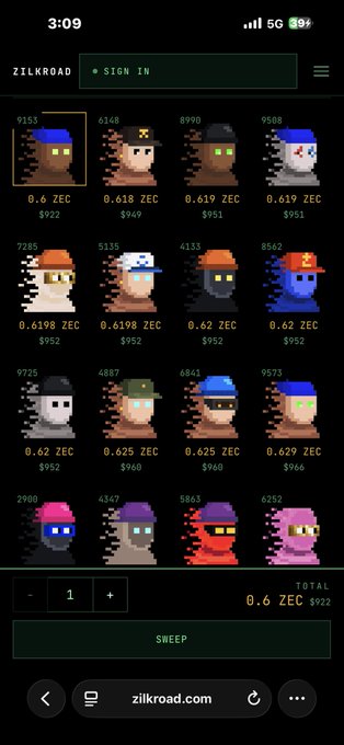A screenshot of the Zilkroad NFT marketplace displays pixel-art character collectibles priced in ZEC cryptocurrency, with prices like 0.6 ZEC and 0.618 ZEC.