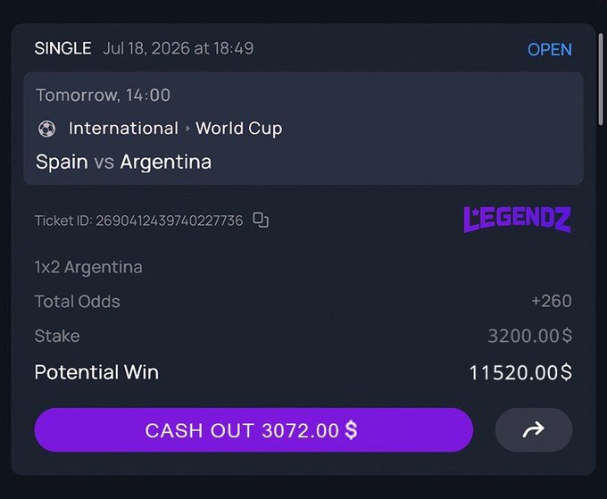 The image shows a betting slip from Legendz for a single wager on Spain vs Argentina in the World Cup, with a $3,200 stake on a 1x2 Argentina bet at +260 odds, offering a potential win of $11,520 and a cash-out option of $3,072, aligning with the user's final World Cup bet on Argentina through Legendz Casino.