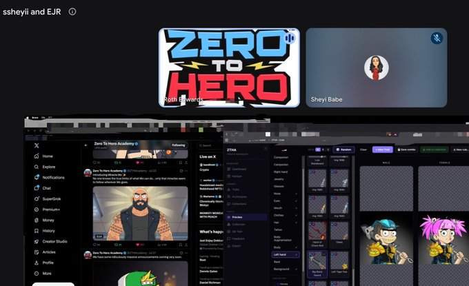 A video call screenshot titled "ssheyii and EJR" displays a promotional image for "ZERO TO HERO" (zth.co) alongside an avatar labeled "Sheyi Babe." The lower portion shows a social media feed featuring the ZTH Academy, including character artwork of a bearded hero and digital collectible inventory, visually supporting the post's highlights of dynamic, evolving NFT heroes with male/female form options.