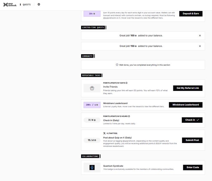 A Quests page screenshot from quip.network showing various community tasks including invite points, daily check-ins, and Twitter posts.