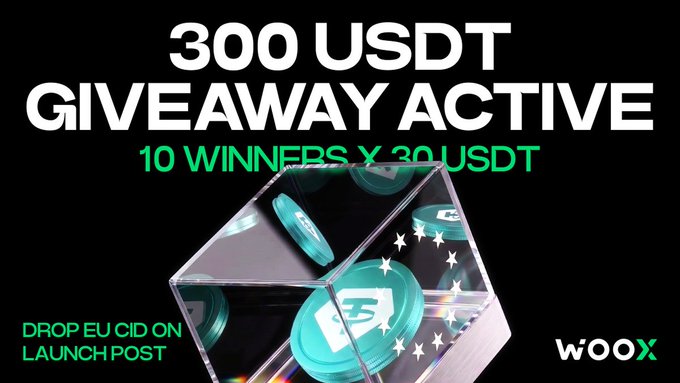 A promotional graphic reading '300 USDT GIVEAWAY ACTIVE, 10 WINNERS X 30 USDT' with the WooX logo and instructions to drop an EU CID on the launch post.
