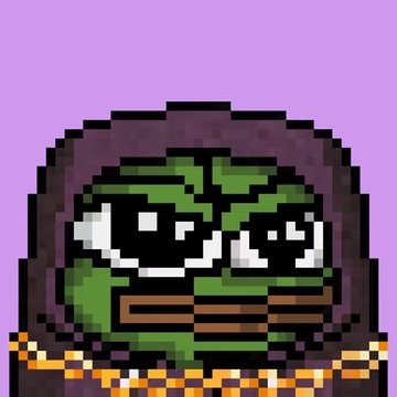 A pixel art illustration of a character wearing a purple hood and green face covering with a gold chain on a purple background.