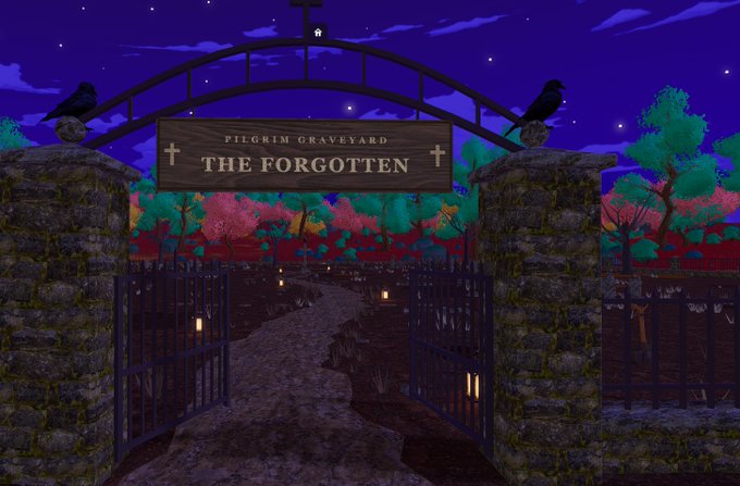A pixel art scene of a wrought iron gate with a wooden sign reading 'PILGRIM GRAVEYARD - THE FORGOTTEN', flanked by ravens and leading to a dark, lantern-lit path.