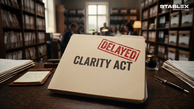 A folder labeled 'CLARITY ACT' with a 'DELAYED' stamp sits on a wooden desk in a library setting, with 'STABLEX Akbank Kuruluşu' branding in the corner.
