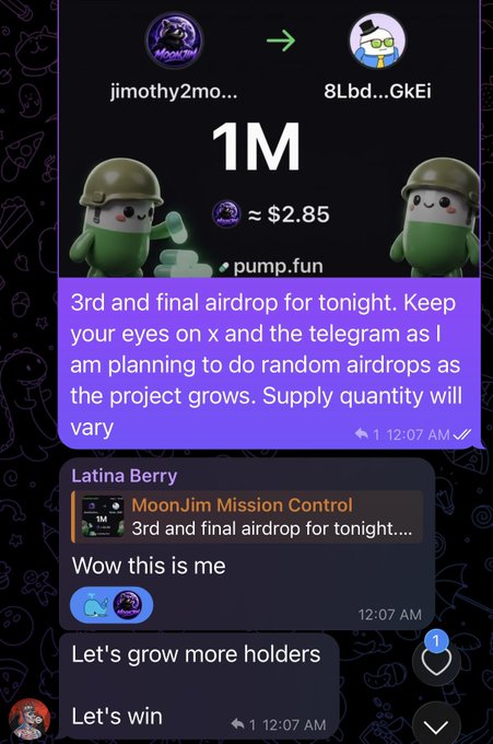 A screenshot of a Telegram chat showing a 'pump.fun' transaction of '1M' tokens worth approximately $2.85 from 'jimothy2mo...' to '8Lbd...GkEi', along with messages discussing an airdrop and a 'Latina Berry' notification.