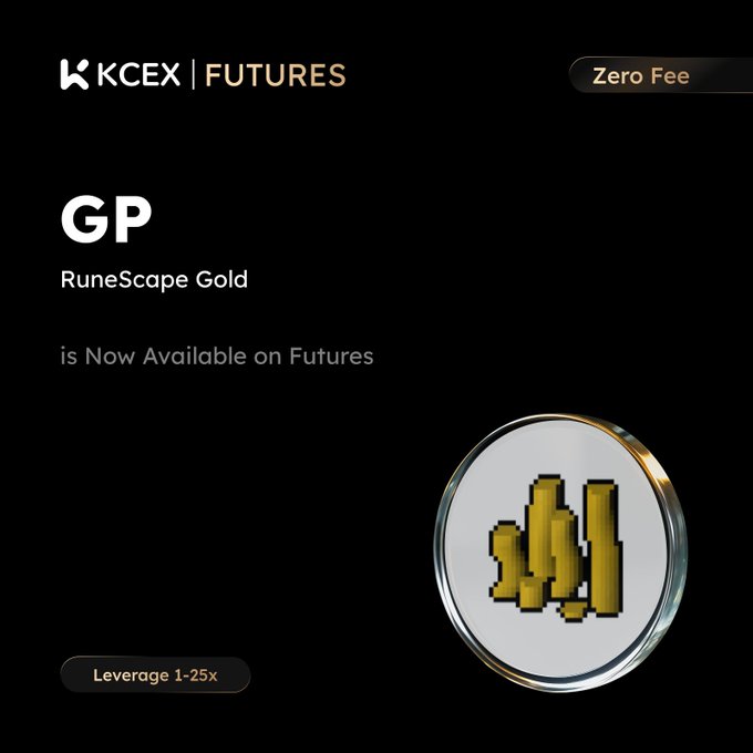 A KCEX Futures promotional graphic announcing that RuneScape Gold (GP) is now available with zero fees and 1-25x leverage.