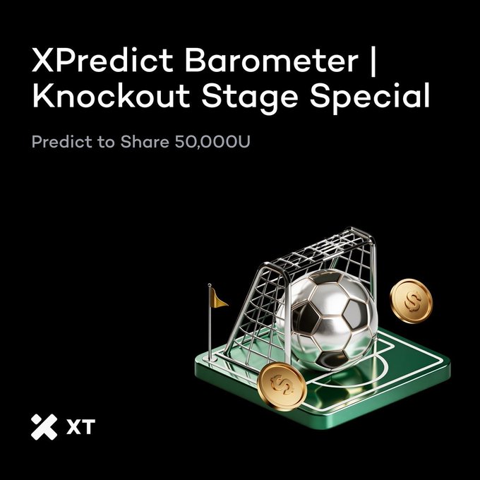 A black promotional graphic features white text reading "XPredict Barometer | Knockout Stage Special" with the tagline "Predict to Share 50,000U" above a 3D illustration of a soccer ball in a goal net on a green field, accompanied by floating gold coins and the XT exchange logo in the bottom left corner. The image visually reinforces the XT.com prediction campaign's World Cup knockout stage theme, highlighting the 50,000 USDT prize pool incentive for users who correctly forecast match outcomes between July 3–20.