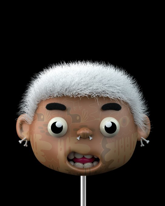 A 3D render of a surreal, stylized head with messy white hair, googly eyes, and small tusks, mounted on a silver stick against a solid black background.