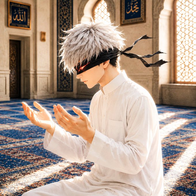 An anime-style illustration of a young man with messy white hair and a black blindfold, wearing a white shirt and raising his hands in prayer inside a mosque with Arabic calligraphy on the walls.