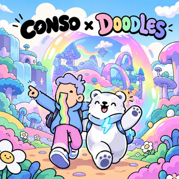 Colorful cartoon artwork titled 'CONSO x DOODLES' featuring a character with purple hair and a white bear in a whimsical landscape with a rainbow.