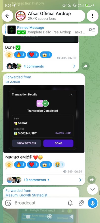 A Telegram screenshot from "Afsar Official Airdrop" (29.4K subscribers) shows a pinned message announcing completed daily airdrop tasks, alongside a forwarded transaction receipt confirming a successful exchange of 5 USAT for 5.00214 USDT—visually supporting the post's claim that community members are receiving $5 rewards from the ongoing event.