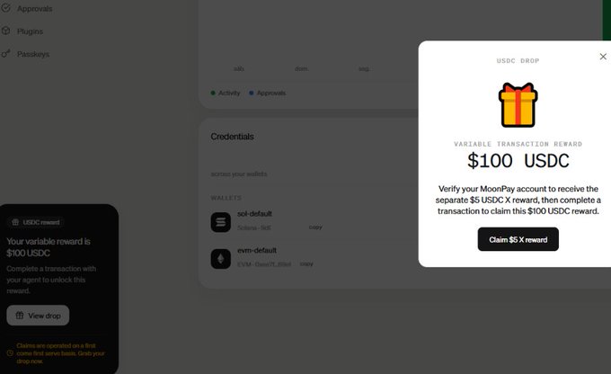 A pop-up modal announces a USDC drop with a $100 USDC variable transact0r reward, prompting the user to verify their MoonPay account and claim a separate $5 USDC X reward. On the left, a small "USDC reward" notification displays "$100 USDC" alongside a "View drop" button, thanking @MoonPay for the reward.