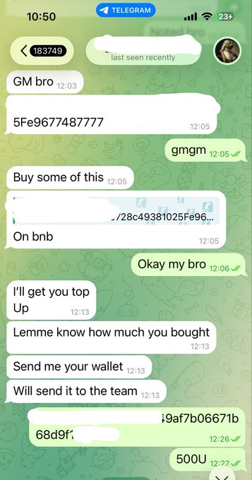 A Telegram chat screenshot showing a conversation between two users discussing a cryptocurrency purchase, with messages like 'GM bro', 'Buy some of this', 'On bnb', 'I'll get you top Up', and a transaction ending with '500U'.