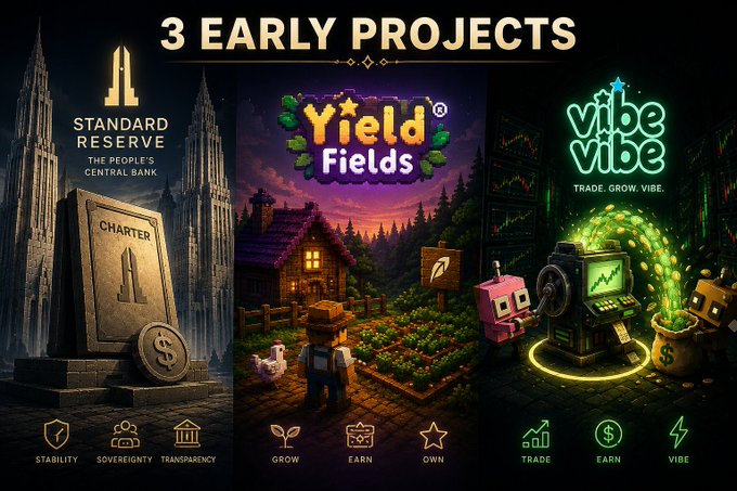 A promotional graphic titled '3 EARLY PROJECTS' featuring Standard Reserve, Yield Fields, and Vibe Vibe, each with icons representing stability, growth, and trading.