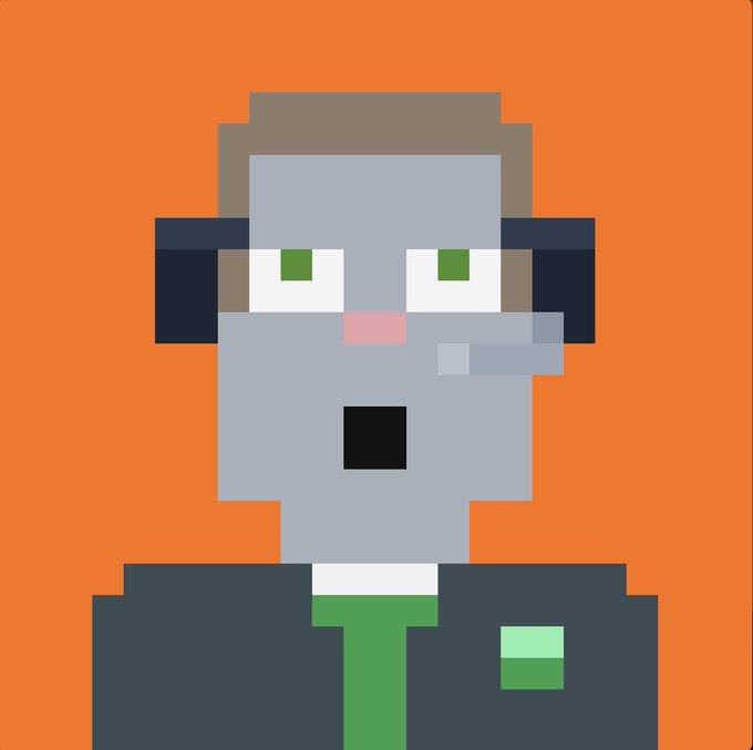 Pixel art portrait of a gray-skinned character with glasses, a black hat, and a green tie against an orange background.