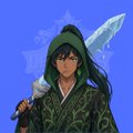A dark-haired anime character wearing a green hooded outfit, holding a blue sword, stands against a blue background. The image likely serves as the user's personal avatar accompanying their announcement about taking on the role of Collab Manager for @loomoflegends, where they aim to organize guaranteed giveaways and first-come-first-served promotions.