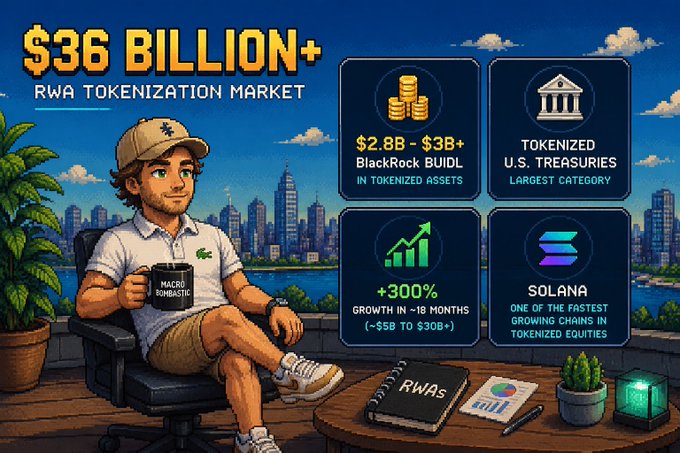 Pixel-art style infographic about the $36 BILLION+ RWA Tokenization Market, featuring a cartoon figure with a 'MACRO ROMANTIC' mug and stats: BlackRock BUIDL ($2.8B-$3B+), Tokenized U.S. Treasuries as largest category, +300% growth in ~18 months (~$5B to $30B+), and Solana as one of the fastest growing chains.