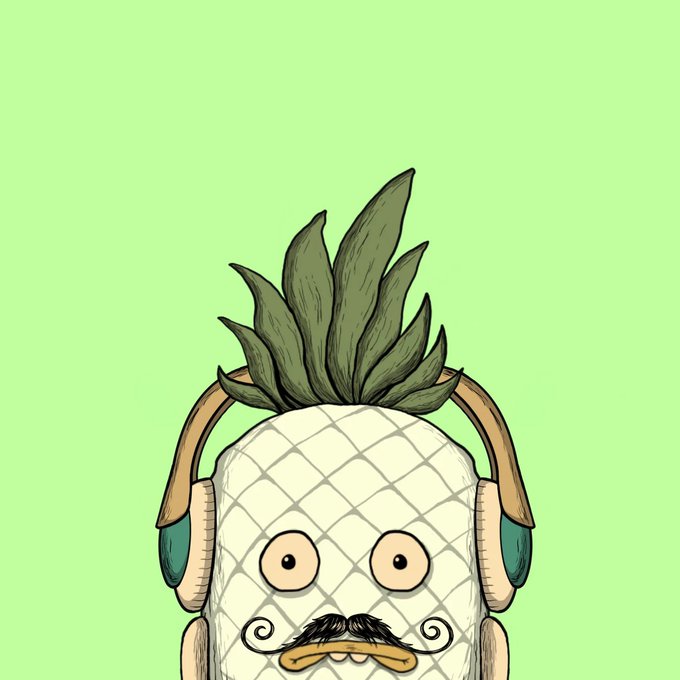 An illustration of an anthropomorphic pineapple character with a mustache, wearing headphones, set against a solid light green background.