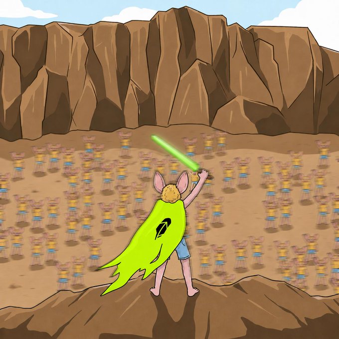 A figure wearing a green cape with the Robin Hood-style "R" emblem stands triumphantly on a rocky cliff, brandishing a glowing green lightsaber against an army of fleeing foes below—visually capturing the post's declaration that "victory belongs to hoodrat."