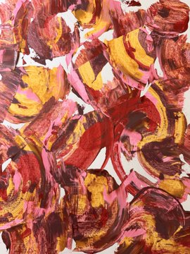 An abstract painting featuring bold, swirling brushstrokes in warm hues of red, yellow, and pink, with no visible text. The vibrant composition complements the post, which announces a live auction for a physical painting starting at $70 and accepts payment in $XTZ (Tezos).