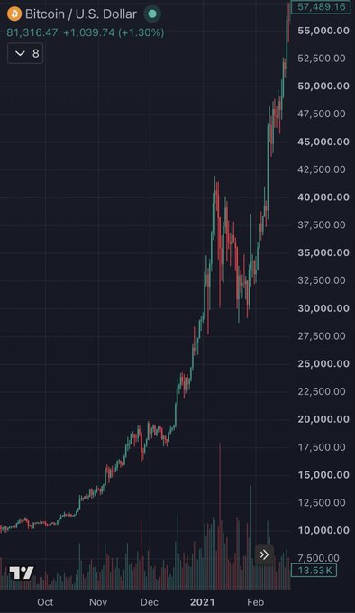 A Bitcoin/U.S. Dollar candlestick chart from TradingView showing a steep upward price trend, with the current price at 81,316.47 (+1,039.74, +1.30%) and a high of 57,489.16 visible, spanning from October through February 2021.