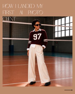 Instagram-style graphic with the text 'HOW I LANDED MY FIRST AI PHOTO CLIENT' over a photo of a woman in a maroon '97' sweater, sunglasses, and white pants standing on a volleyball court.