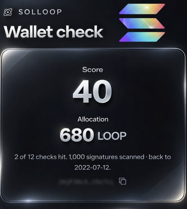 A digital interface titled 'SOLLOOP Wallet check' showing a Score of 40 and an Allocation of 680 LOOP.