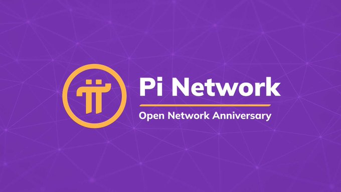A purple graphic featuring the Pi Network logo with text reading 'Pi Network' and 'Open Network Anniversary'.
