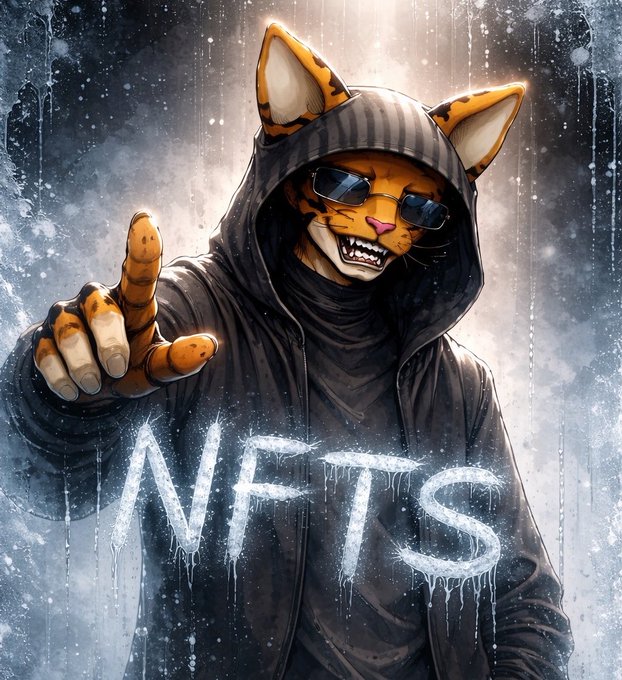 An anthropomorphic cat with orange fur, wearing sunglasses and a black hoodie, points a finger at the viewer against a frosty background, with the word "NFTS" spray-painted in white across its torso. The image directly represents the "NFTs" option in the post's choice between NFTs and MemeCoins, humorously personifying the NFT side of the debate with a cool, edgy feline character.