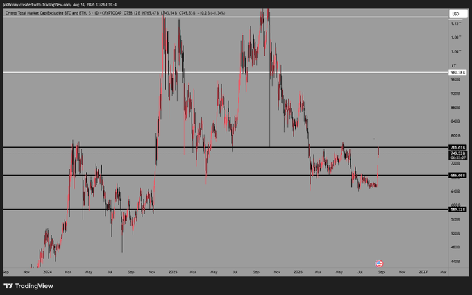 A TradingView weekly chart of the Total Market Cap Excluding BTC (CRYPTO:TOTAL2) shows the price bouncing off the $689-699 support zone after a sharp decline, trading near $736 as of August 2025, illustrating the "positioning now" call referenced in the post ahead of a potential generational wealth move.