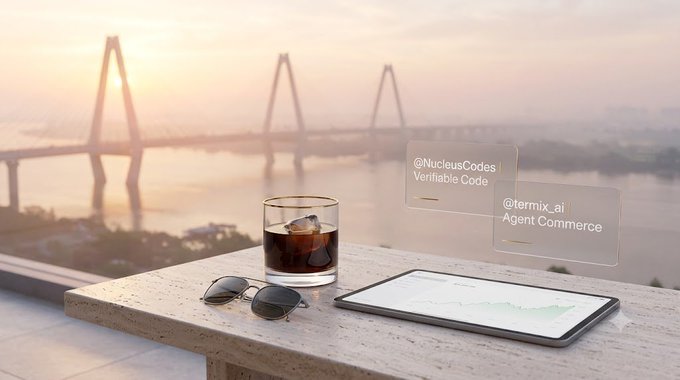A scenic sunset view over a river and bridge with a coffee glass, sunglasses, and a phone on a table; floating text reads '@NucleusCodes | Verifiable Code' and '@termix_ai | Agent Commerce'.