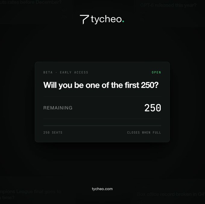 The image shows a Tycheo Early Access landing page with a dark-themed card displaying "BETA · EARLY ACCESS" status marked "OPEN," and a "Will you be one of the first 250?" prompt showing 250 remaining seats that close when full, promoting their beta launch for 250 traders.