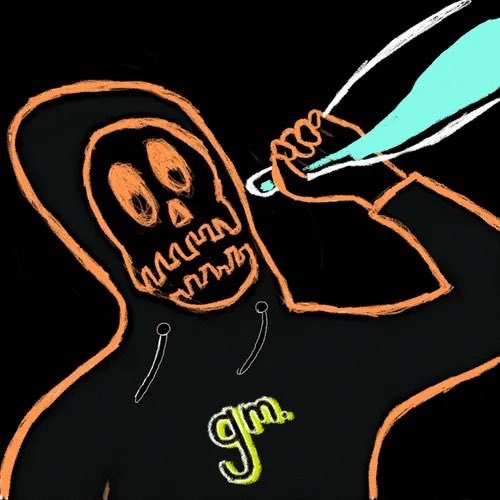 A chalk-style drawing on a black background of an orange grim reaper skeleton figure in a hooded cloak with arms raised, featuring the text 'gjm.'.