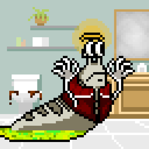 A pixel art illustration of a blonde character with sunglasses, a red jacket, and a flowing cape, sitting in a bathroom with a toilet, shelves, and a mirror.