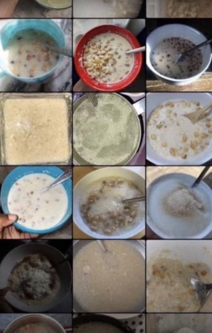 A collage of multiple images showing bowls of cereal or grain-based porridge with milk in various containers.