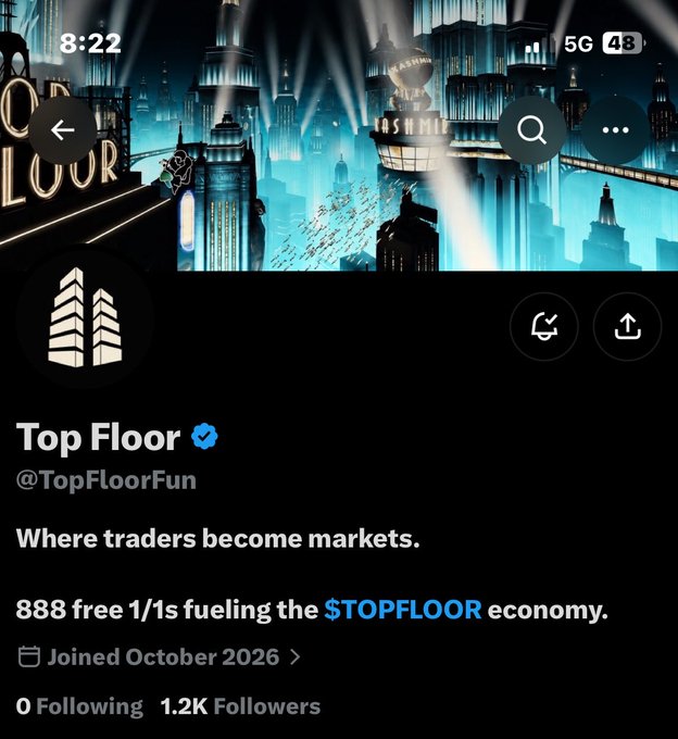 Twitter/X profile for 'Top Floor' (@TopFloorFun) verified account with the tagline 'Where traders become markets' and '888 free 1/1s fueling the $TOPFLOOR economy,' joined October 2026 with 1.2K followers.