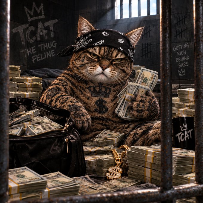 Stylized illustration of a tabby cat wearing a black bandana with tattoos including a crown and dollar sign, sitting behind prison bars amid stacks of cash, gold chains, and a bag labeled 'TCAT' under the title 'TCAT The Thug Feline - Getting Rich Behind Bars'