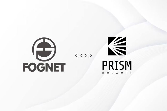 A clean white graphic displaying two logos side by side: 'FOGNET' on the left and 'PRISM network' on the right, connected by a '<>' symbol.