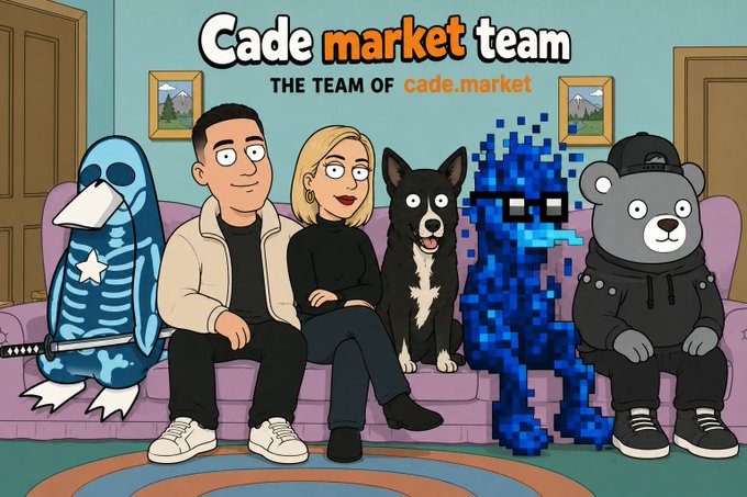 A cartoon illustration titled "Cade market team - THE TEAM OF cade.market" features five characters sitting on a purple couch: a shark in a blue suit, a man in a beige jacket, a blonde woman in black, a black-and-white dog, a blue pixelated blob with sunglasses, and a gray teddy bear wearing a black hoodie and cap. The whimsical "family portrait" art style matches the playful tone of celebrating a team's collaboration.