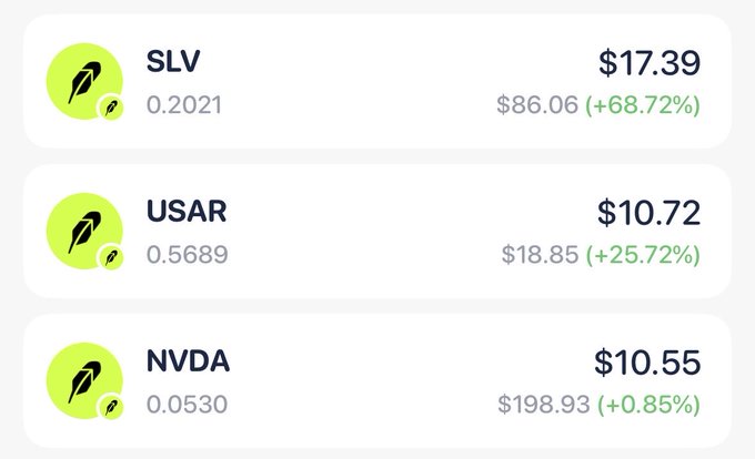 A trading interface displays three assets: SLV at $17.39 (+68.72%), USAR at $10.72 (+25.72%), and NVDA at $10.55 (+0.85%).