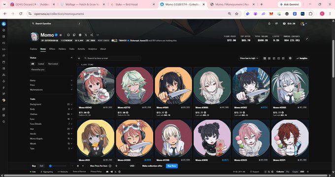 Screenshot of the OpenSea NFT marketplace showing the 'Momo' collection with various anime-style character avatars and their floor prices.