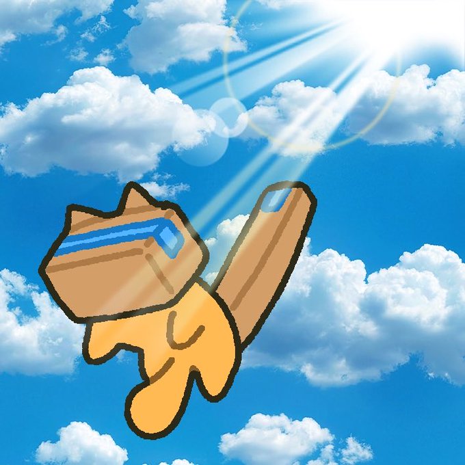 An illustration of an orange cartoon cat wearing blue futuristic sunglasses, floating upward against a bright blue sky with white clouds and sun rays.