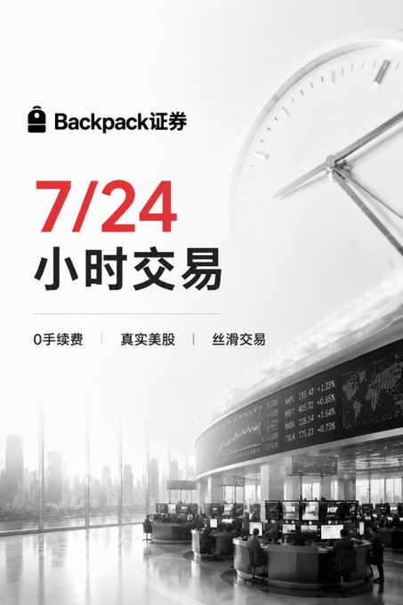 Advertisement for Backpack Securities (Backpack证券) promoting 24/7 trading in hours, featuring Chinese text highlighting zero fees, real US stocks, and smooth trading.