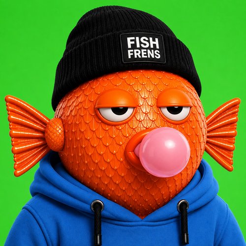 A 3D-rendered anthropomorphic orange fish character wearing a black beanie labeled 'FISH FRENS' and a blue hoodie, blowing a pink bubble against a green background.