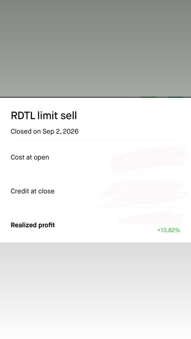 A financial screenshot shows a closed 'RDTL limit sell' position with a 'Realized profit' of +13.82% in green text, though the specific dollar amounts are blurred out.