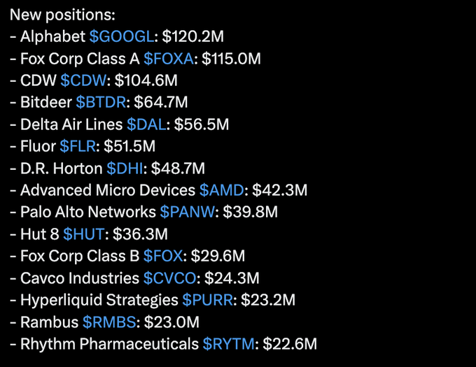 The image displays Duquesne Family Office's new positions from its latest 13F filing, highlighting top holdings like Alphabet ($GOOGL, $120.2M), Fox Corp Class A ($FOXA, $115.0M), and notably Hyperliquid Strategies ($PURR, $23.2M). The caption contextualizes Stanley Druckenmiller's macro fund taking a $23M equity position in $PURR as indirect exposure to the $HYPE token, despite the family office not holding tokens directly.