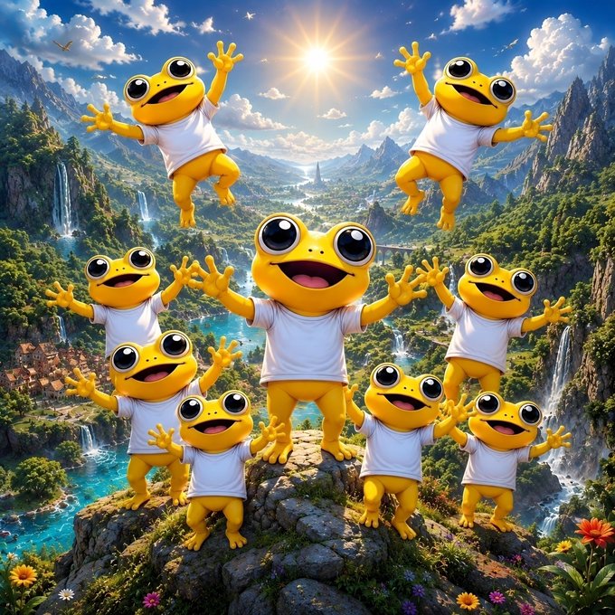 A group of cheerful cartoon frogs in white shirts celebrates together on a rocky cliff, surrounded by a vibrant landscape of waterfalls, mountains, and flowers, perfectly capturing the spirit of uplifting companions mentioned in the post about $TURBO.
