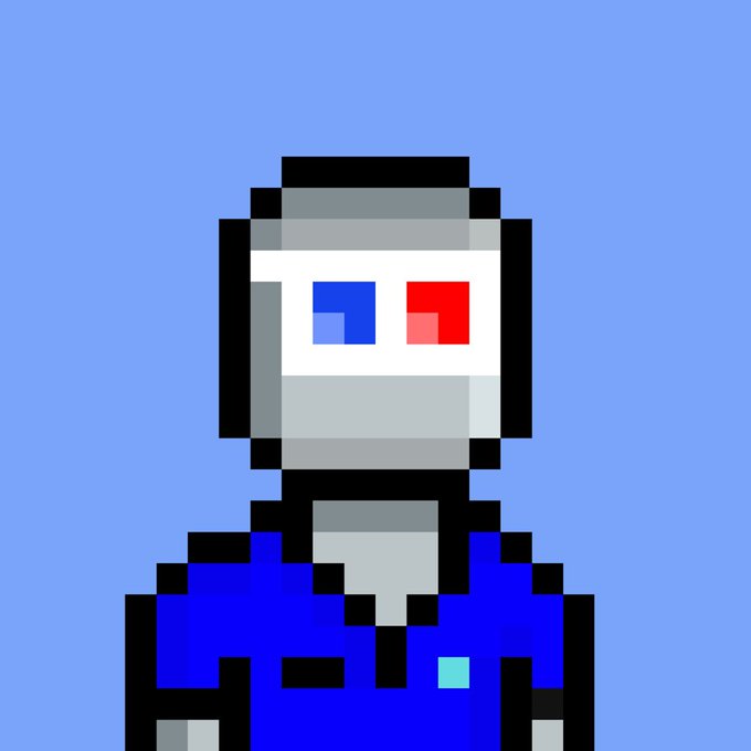 Pixel art portrait of a blue robot with a silver helmet, a visor containing a blue and red pixel, and a blue uniform.